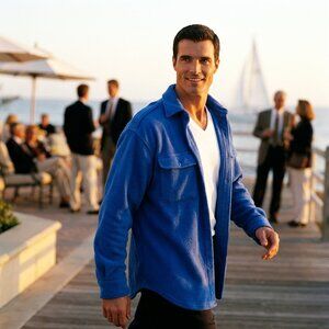 Vintage 80s International Male Men M Blue Fleece Snap Shirt Jacket Outdoor HTF